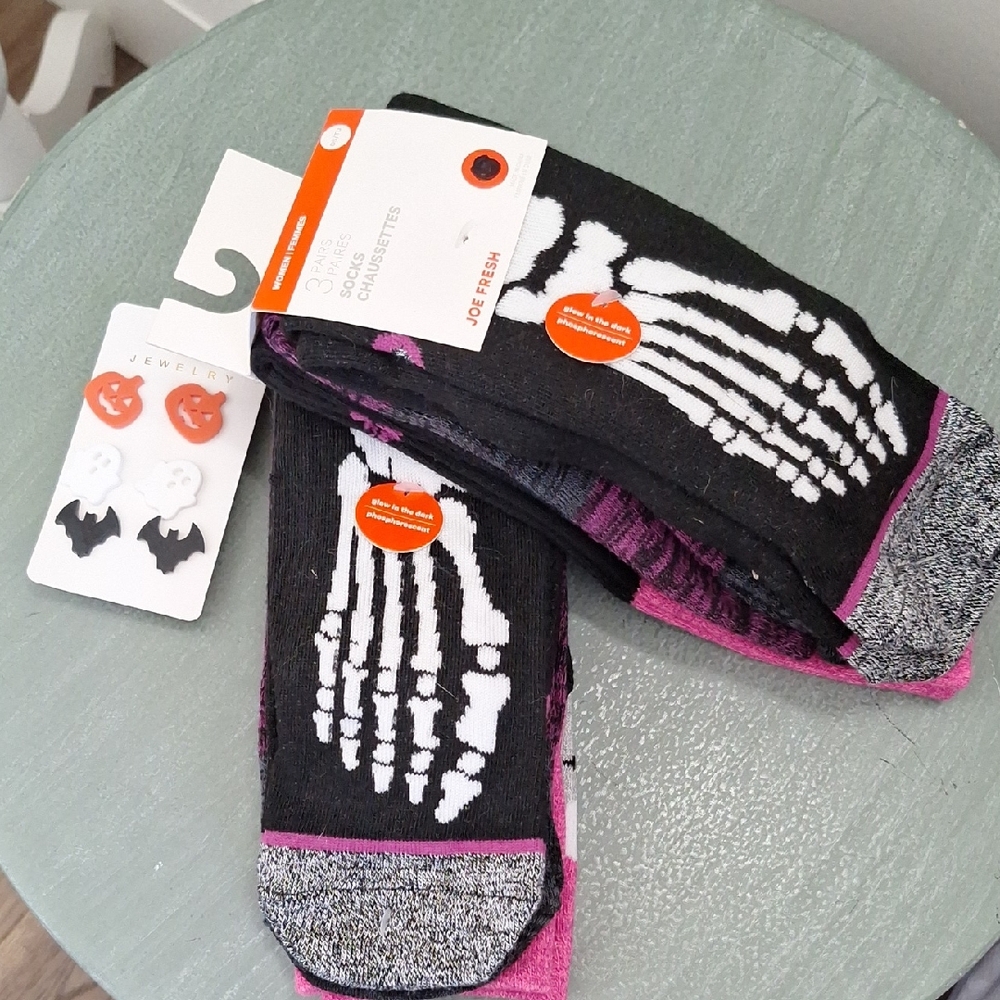 Halloween Bundle- glow in the dark socks. 2 packs of 3 O/S 3 pairs earrings